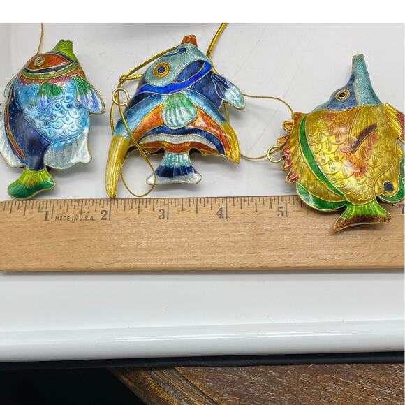 Vintage Cloisonne Enameled Tropical Fish Christmas Ornament Sealife  set of 3 - Picture 6 of 9